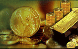 Gold coins and bars with Liberty statue.