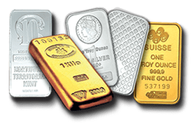 Gold and silver bullion bars displayed.