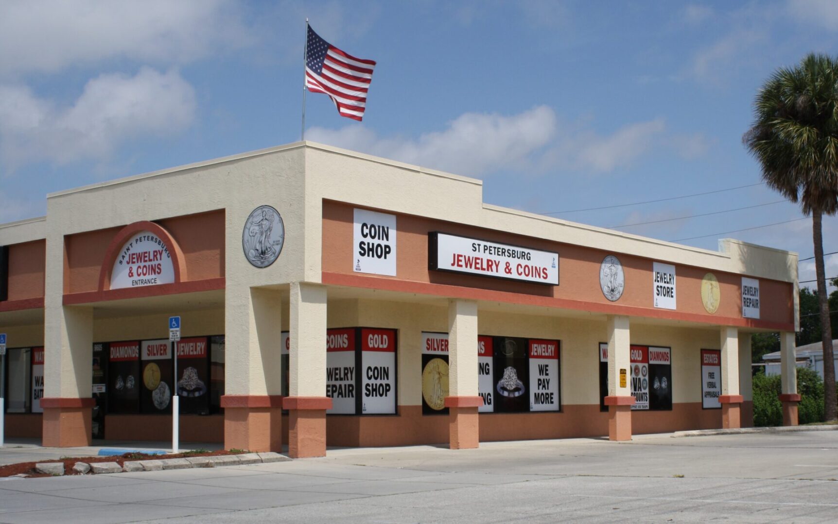 Jewelry and coin shop with American flag.