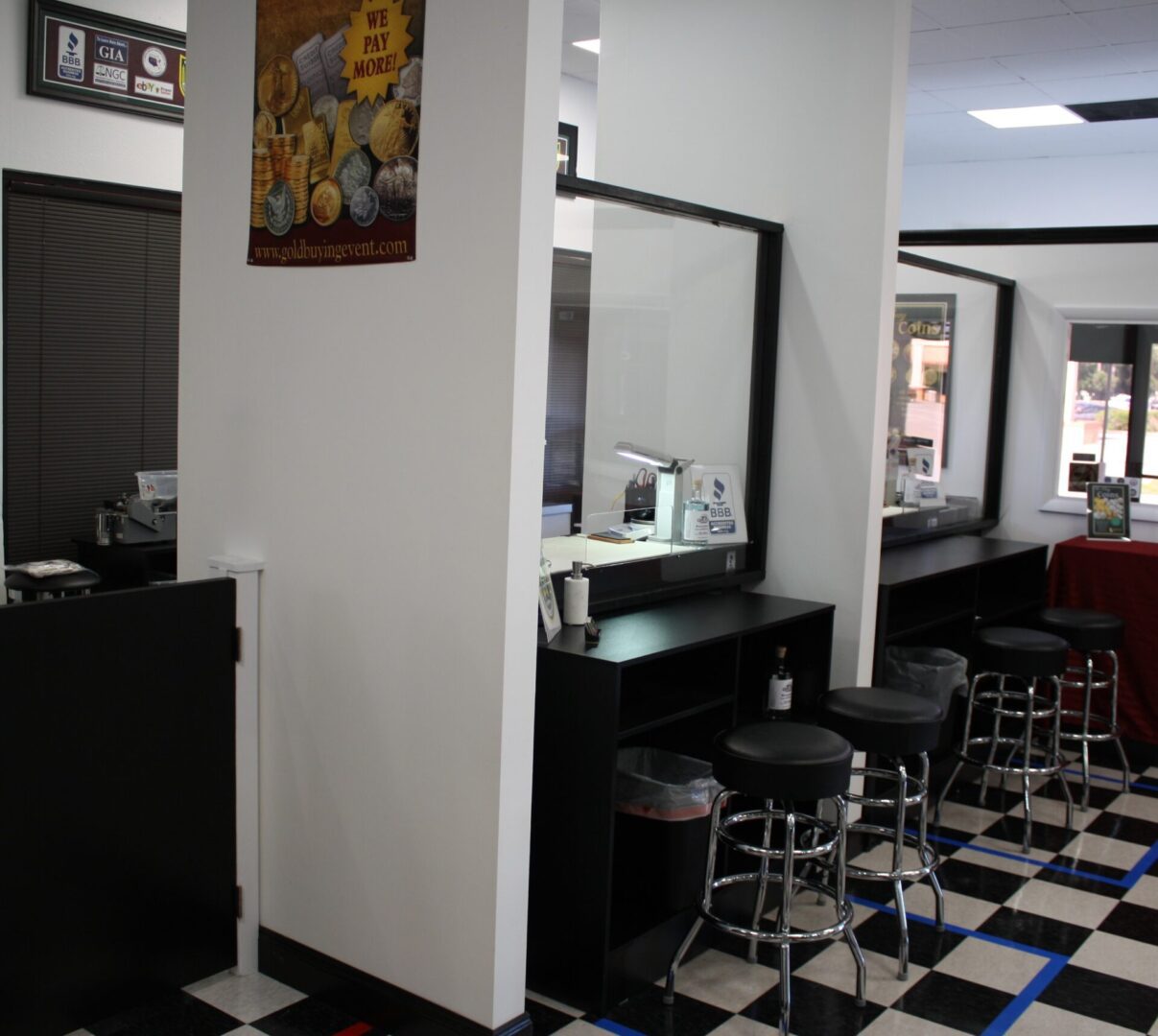 Interior of a modern shop with stools.