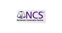 Logo of Numismatic Conservation Services with scales and purple text.