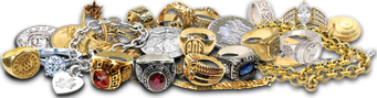 Gold and silver jewelry collection on display.