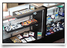 Store display case with various electronic accessories.