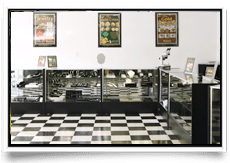 Retro diner interior with checkered floor.