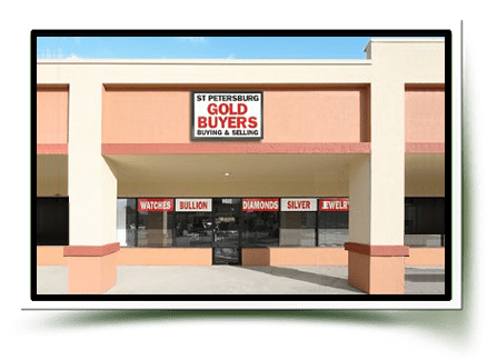 Gold buyers storefront with signs and columns.