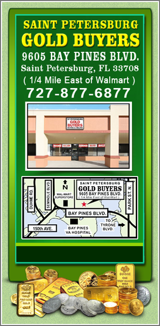 Gold buyers advertisement with store location.